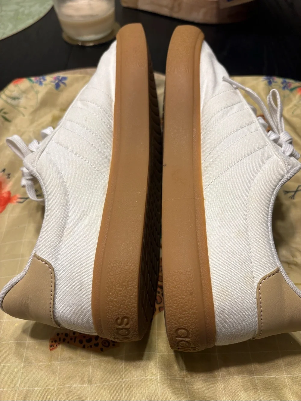 adidas White Canvas Sneakers with Gum Outsole and Gold Heel Tab